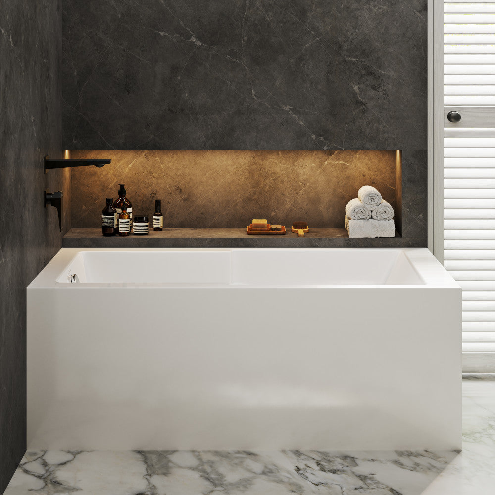 Alcove corner bathtub 60 x 32 inch with left hand drain and white apron front.