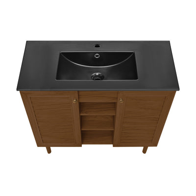 Bron 36" Freestanding Bathroom Vanity in Brown Oak with Black Sink Top