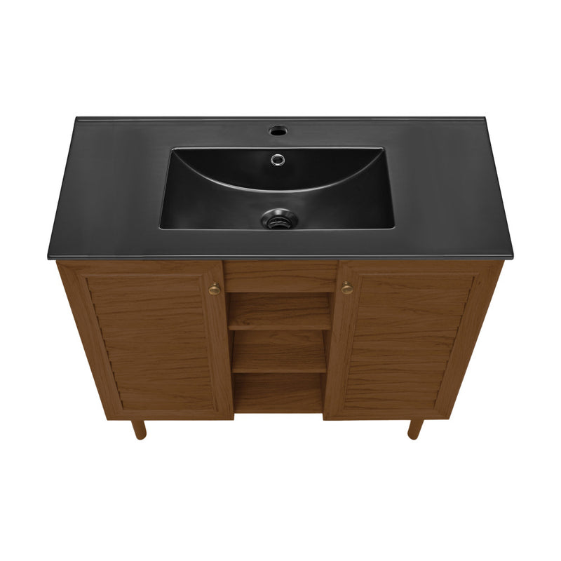 Bron 36" Freestanding Bathroom Vanity in Brown Oak with Black Sink Top