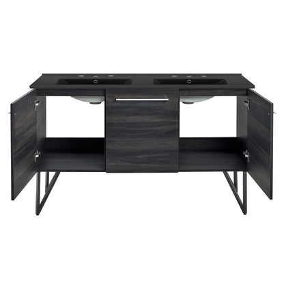 Annecy 60 in. Black Walnut, Double Basin Bathroom Vanity With Black, 3-Hole Artificial Stone Sink Top