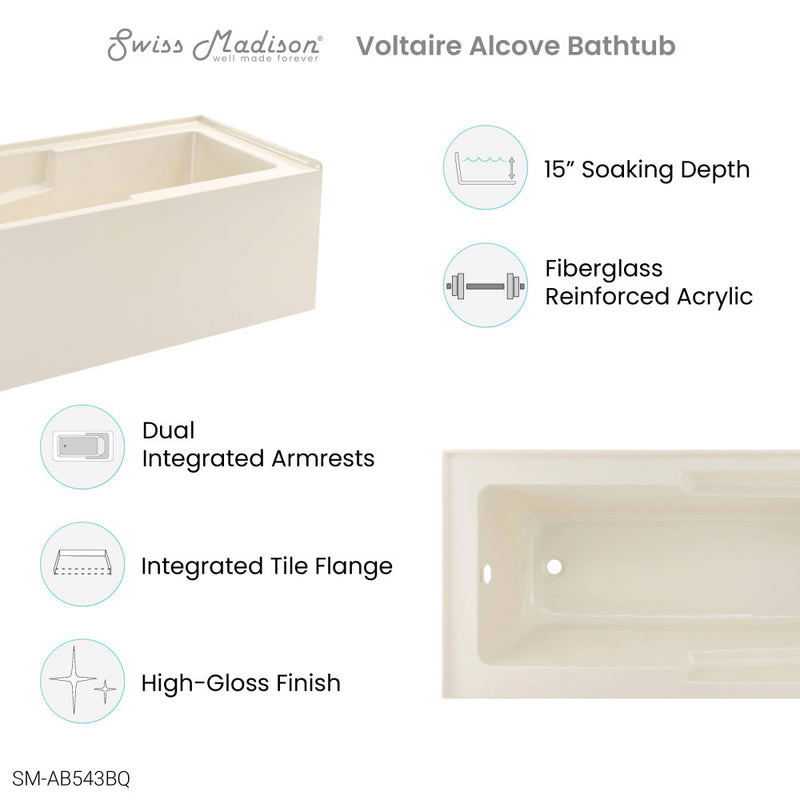 Voltaire 60" x 32" Left-Hand Drain Alcove Bathtub with Apron in Bisque
