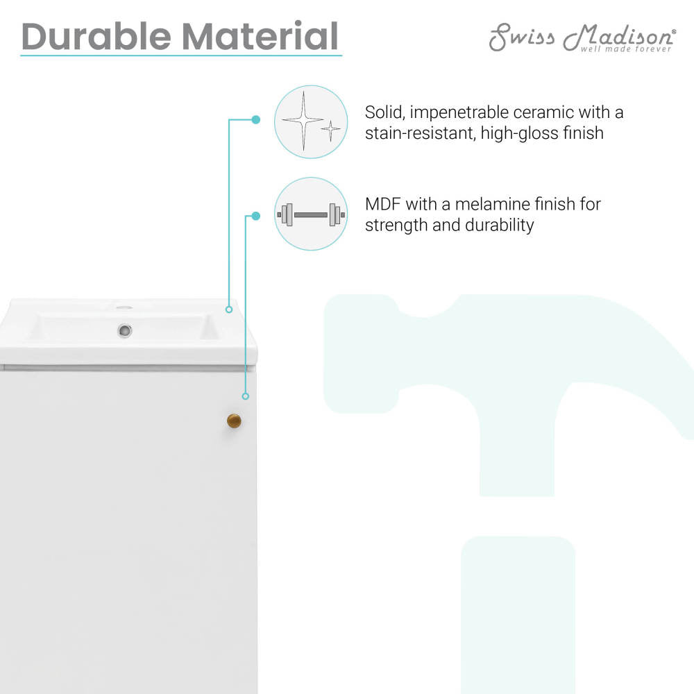 18-inch freestanding white bathroom vanity, single sink, soft-close doors.