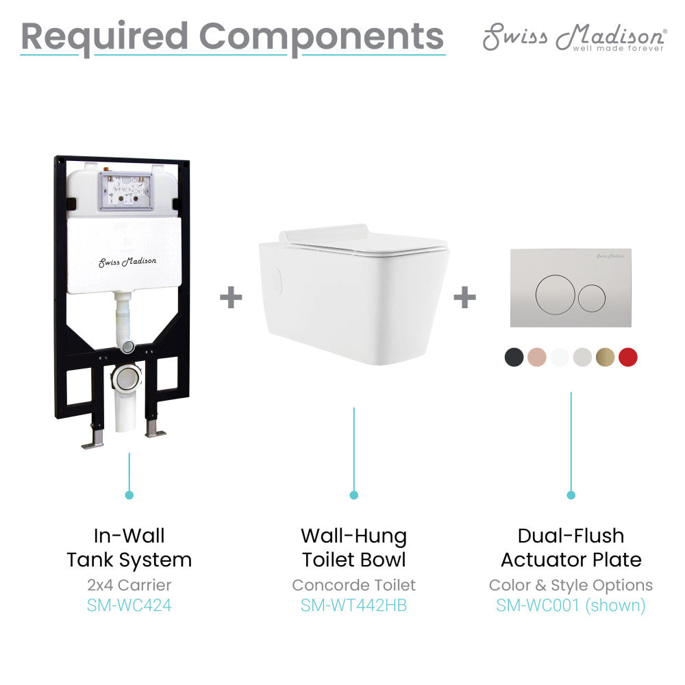 Elongated wall-hung toilet bowl in white with black hardware and dual-flush actuator plate.