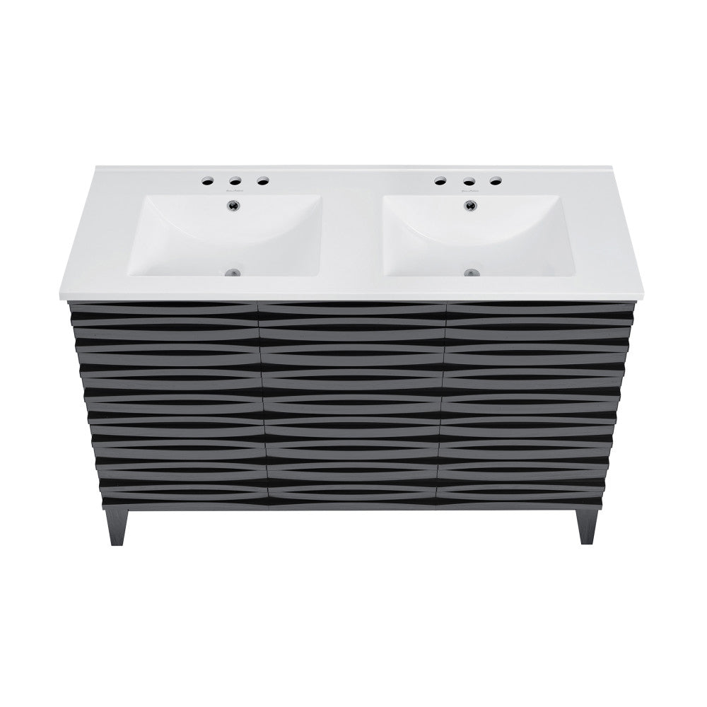Cascade 48 in. Black Oak, Double Basin Bathroom Vanity With White, 3-Hole Centerset Ceramic Sink Top