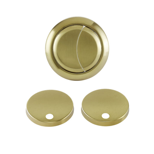 Toilet hardware set in brushed gold, includes two round buttons and one larger circular plate.