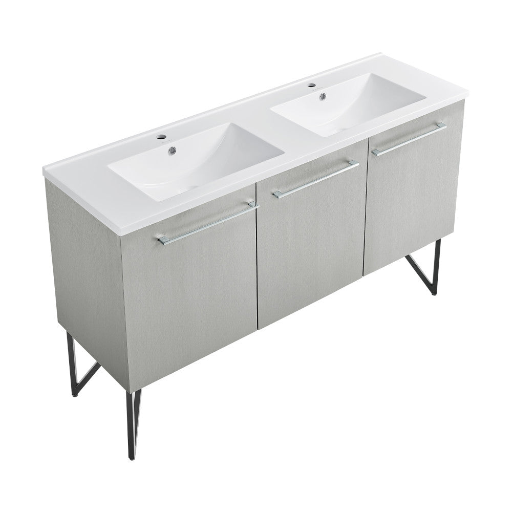 60-inch freestanding bathroom vanity in gray, double sink, soft-close doors.