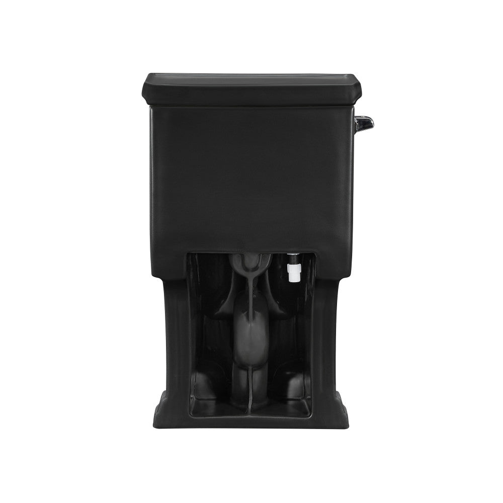 Elongated one-piece toilet tank in matte black with left side flush handle, showing inside plumbing components.