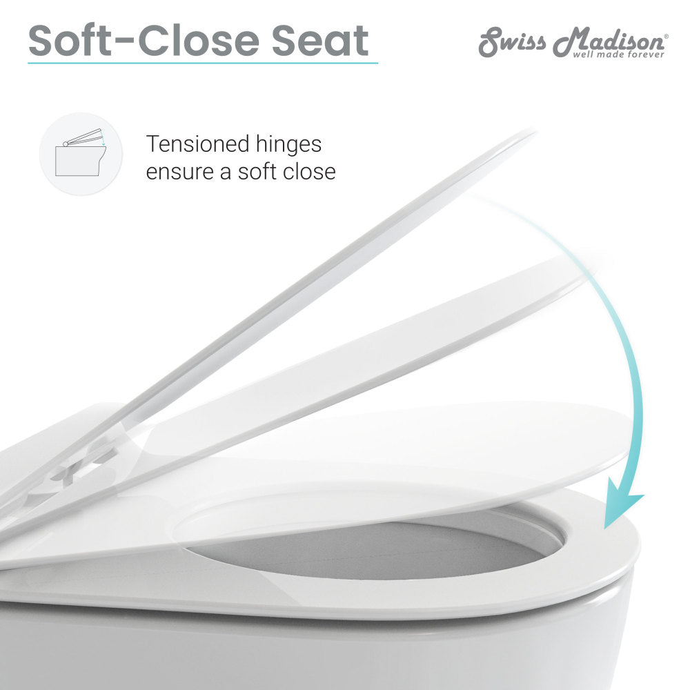 Round wall-hung toilet bowl with soft-close seat and tensioned hinges.