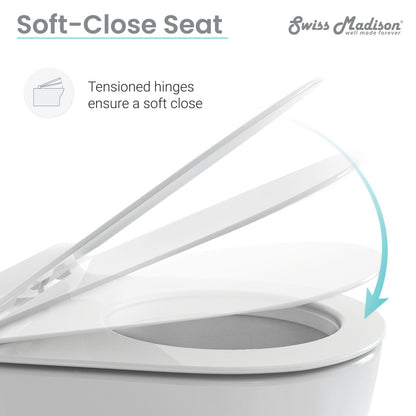 Round wall-hung toilet bowl with soft-close seat and tensioned hinges.