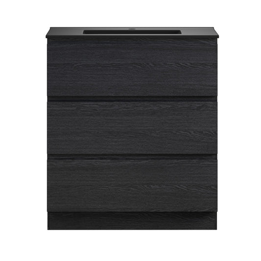 Liberte 30" Freestanding Bathroom Vanity in Black Oak with Black Sink Top