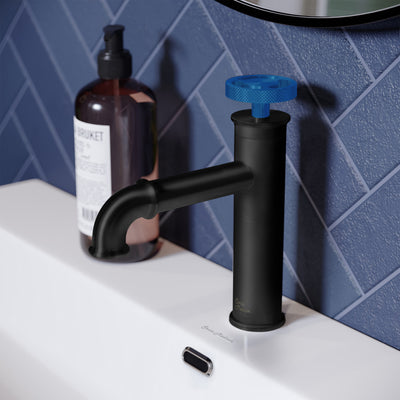 Avallon Single Hole, Single-Handle Wheel, Bathroom Faucet in Matte Black with Blue Handle