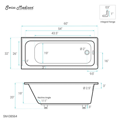 Voltaire 60" x 32" Right-Hand Drain Alcove Bathtub