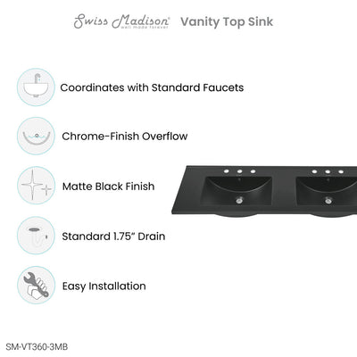 60 inch Vanity Top Bathroom Sink in Matte Black with 3 Holes