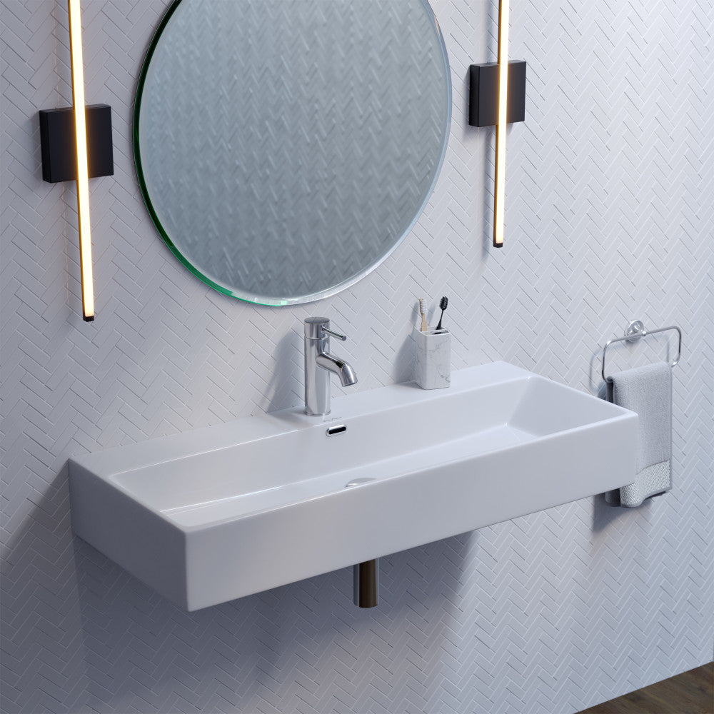 40-inch white wall-mount rectangular bathroom sink with single-hole faucet and integrated backsplash.