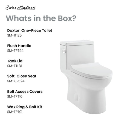 Elongated one-piece toilet with left side flush handle, 1.28 gallons per flush, soft-close seat.