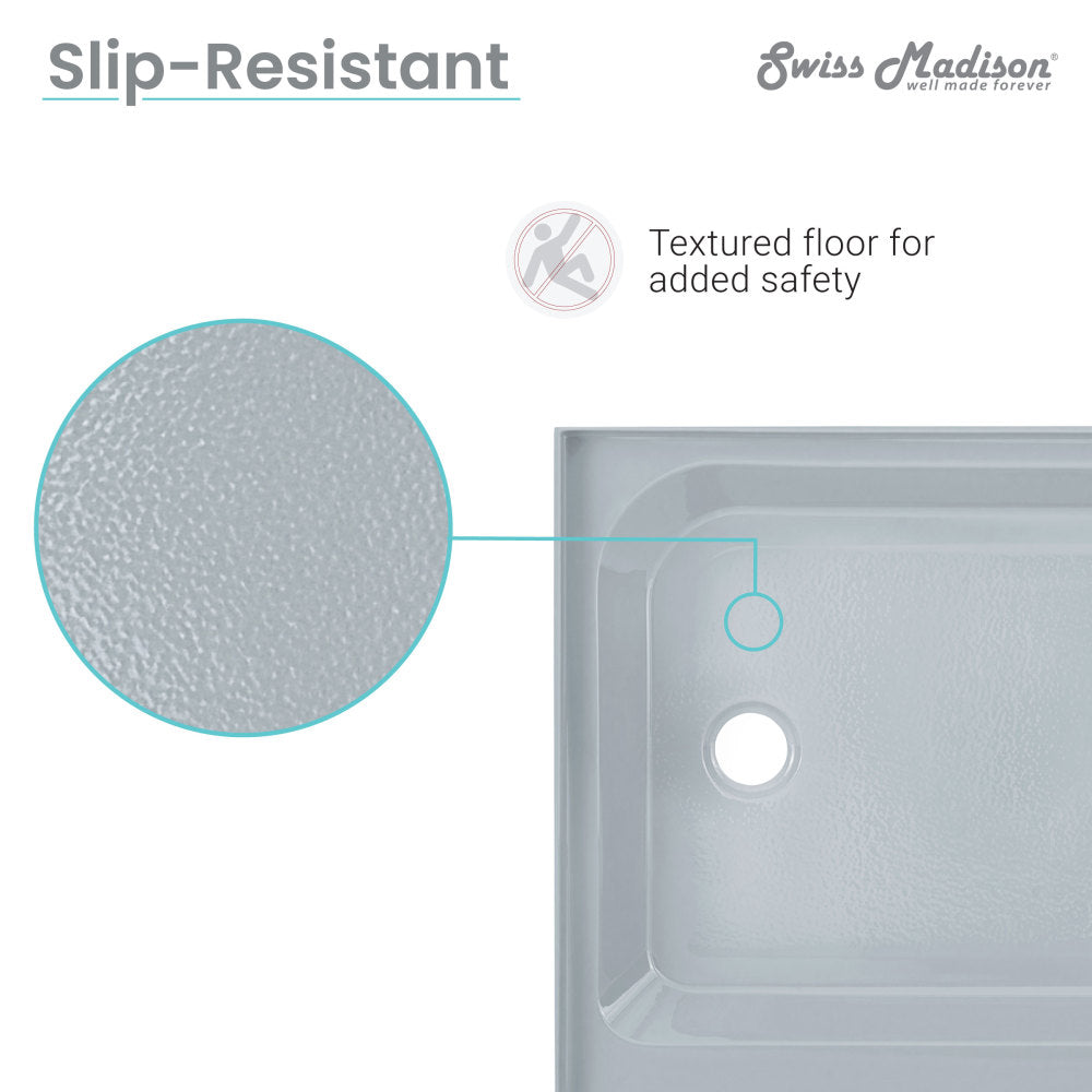 60" x 32" single-threshold shower base in gray with right-hand drain and textured slip-resistant floor.