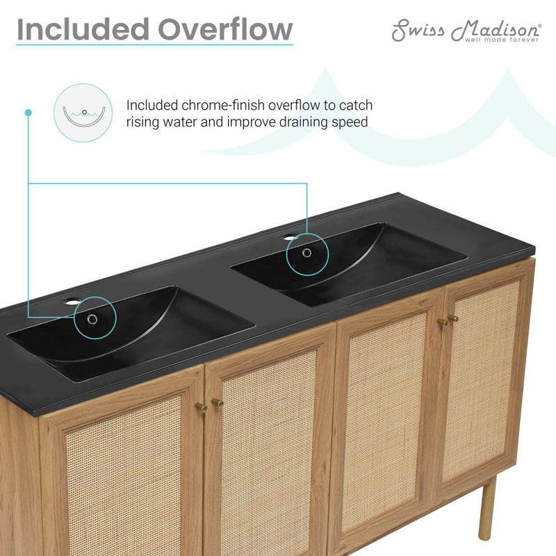 Classe 60" Freestanding Bathroom Vanity in Golden Oak with Black Double Basin Sink Top