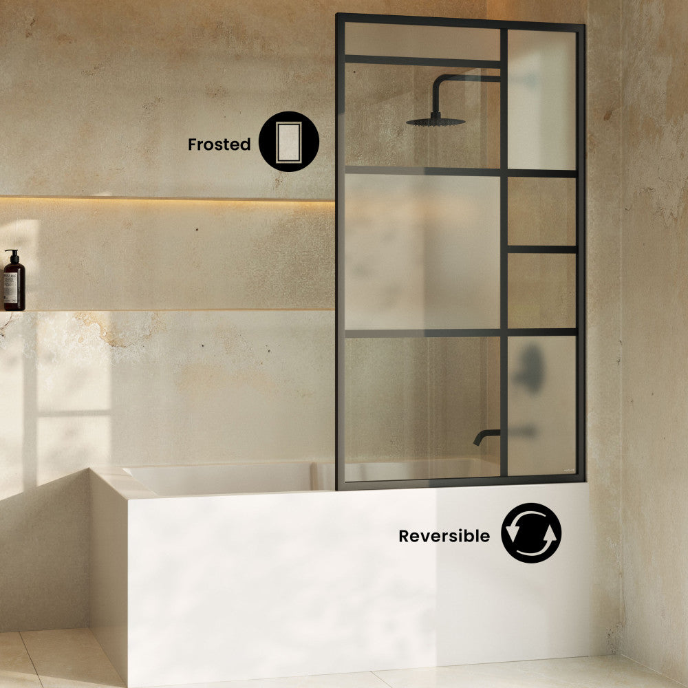 Leiden 34 x 58 Framed Fixed 3/8 in. (10mm) Frosted Tempered Glass Tub Door with Black Matte Frame