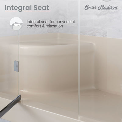 Aquatique 60" x 32" Single Threshold Shower Base With Right Hand Drain and Integral Left Hand Seat in Biscuit