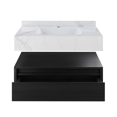 Avancer 36" Wall-Mounted Bathroom Vanity in Black Oak with White Marble Sink Top