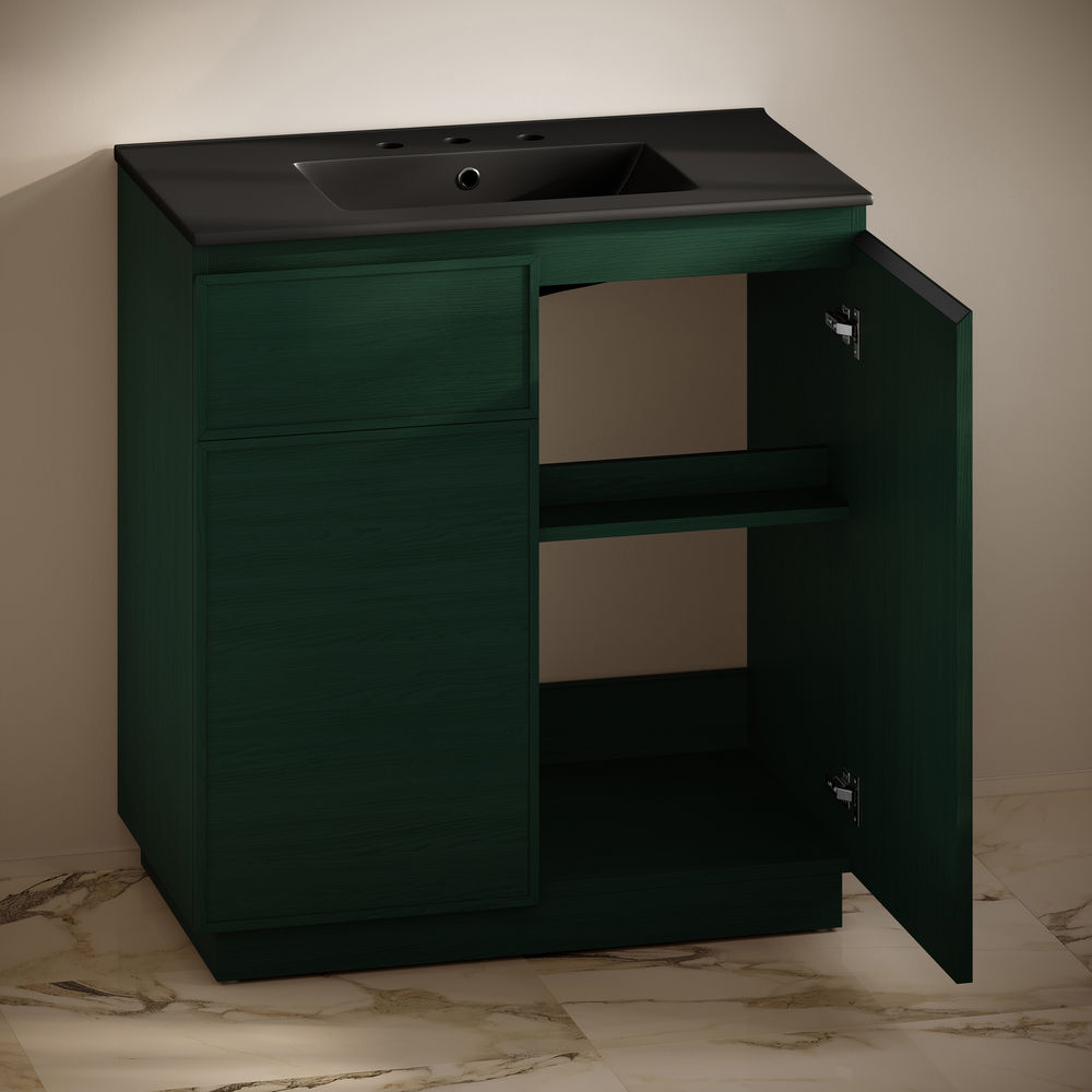 St. Tropez 36" Freestanding Bathroom Vanity in Green Oak with Black 3-Hole Widespread Sink Top