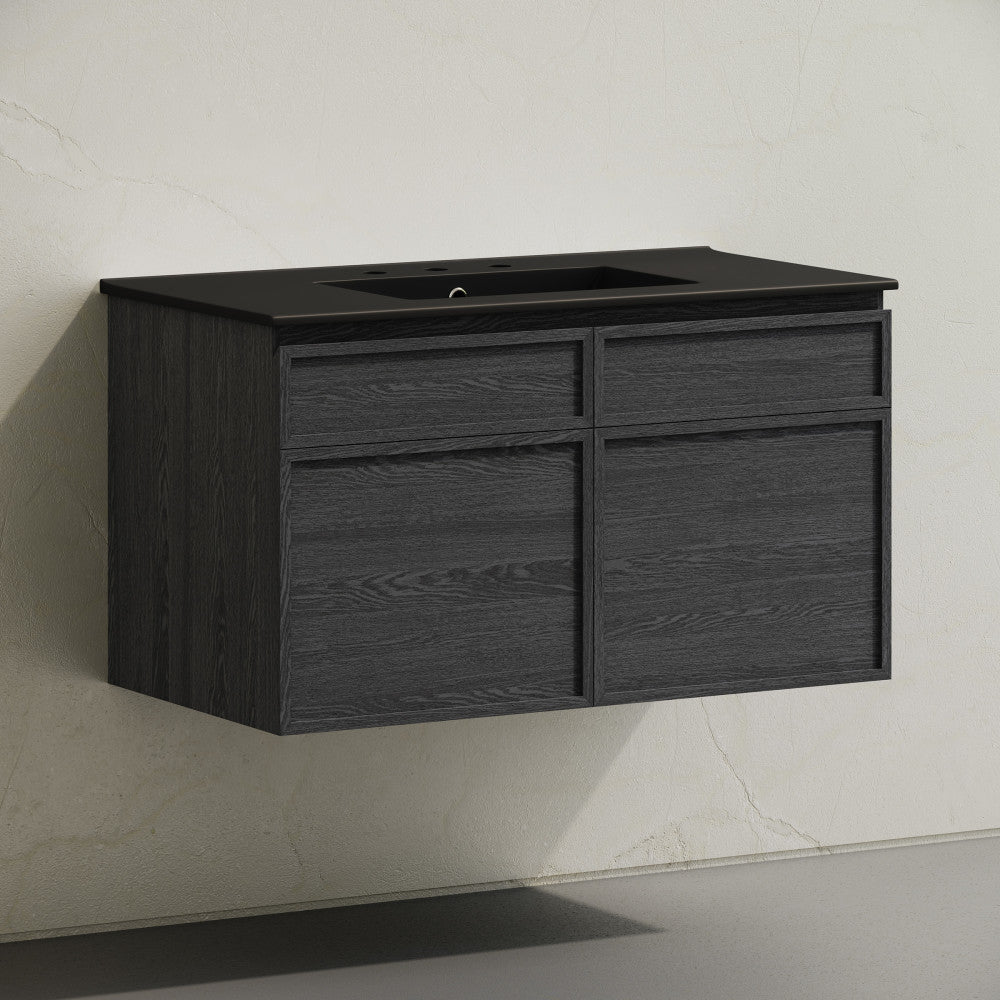 St. Tropez 36" Wall-Mounted Bathroom Vanity in Black Oak with Black 3-Hole Widespread Sink Top