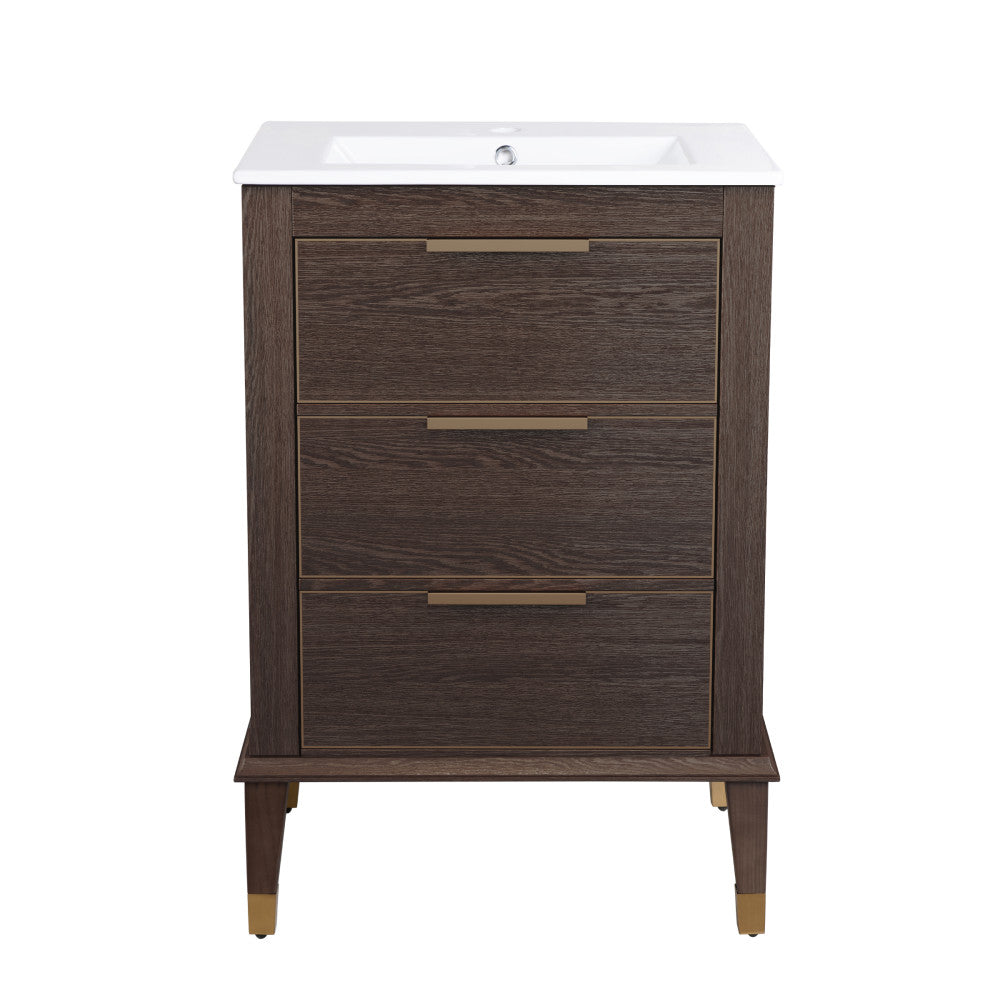 24-inch freestanding bathroom vanity in brown oak, single sink, soft-close drawers, brass handles and leg caps.