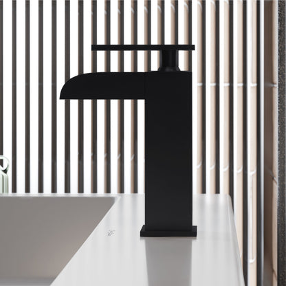 Single-handle waterfall bathroom faucet in matte black with a sleek modern design.