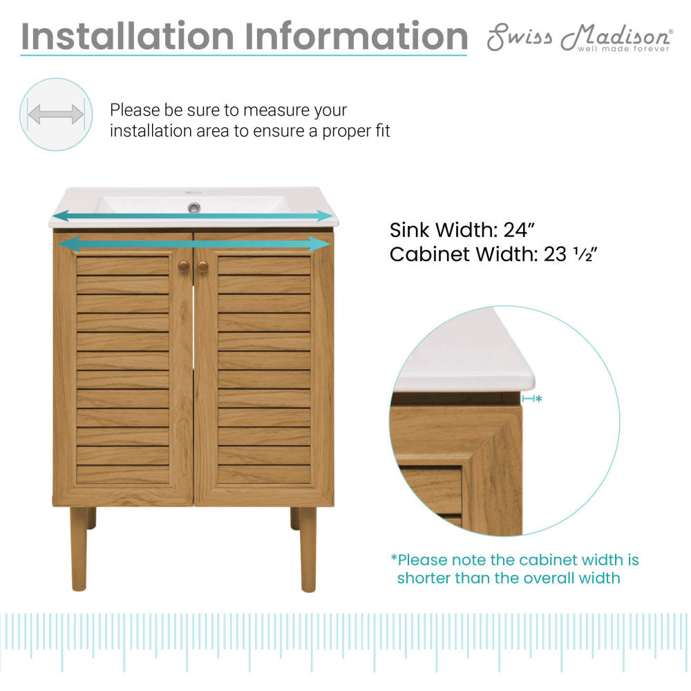 24-inch freestanding golden oak bathroom vanity with white sink top and two slatted doors.