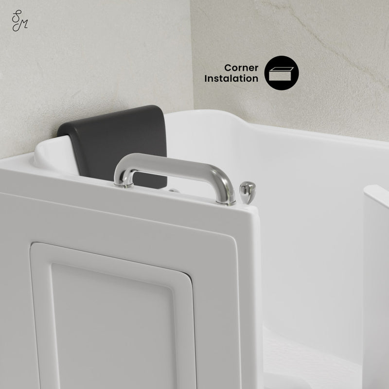 Auvergne 53" x 27" ADA Right Drain Walk-in Soaking Bathtub with Massage Jets in Glossy White, Faucet Set, Drain, Grab Bars, Pillow Included