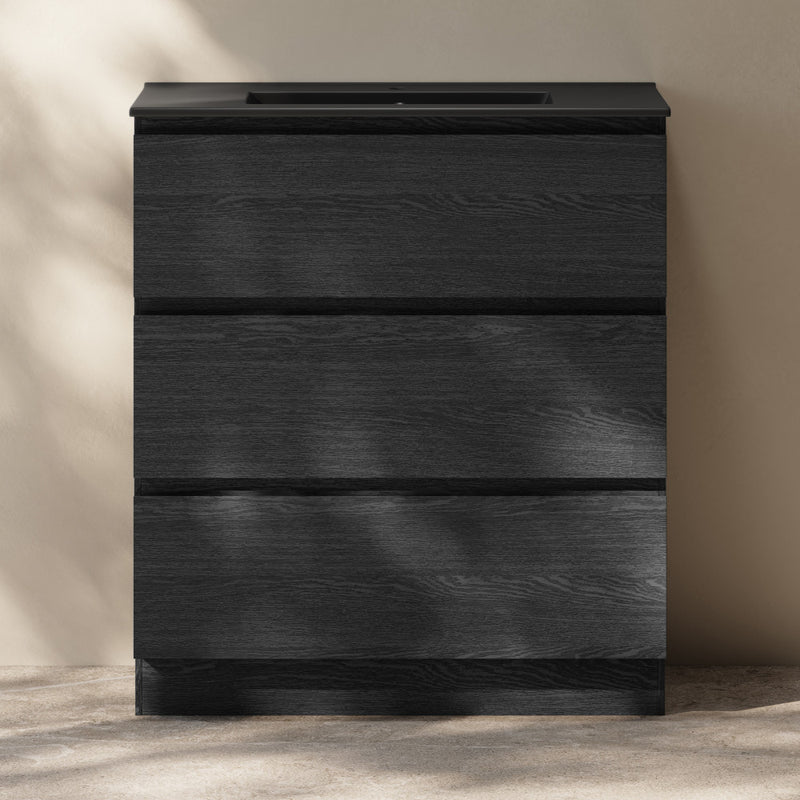 Liberte 30" Freestanding Bathroom Vanity in Black Oak with Black Sink Top