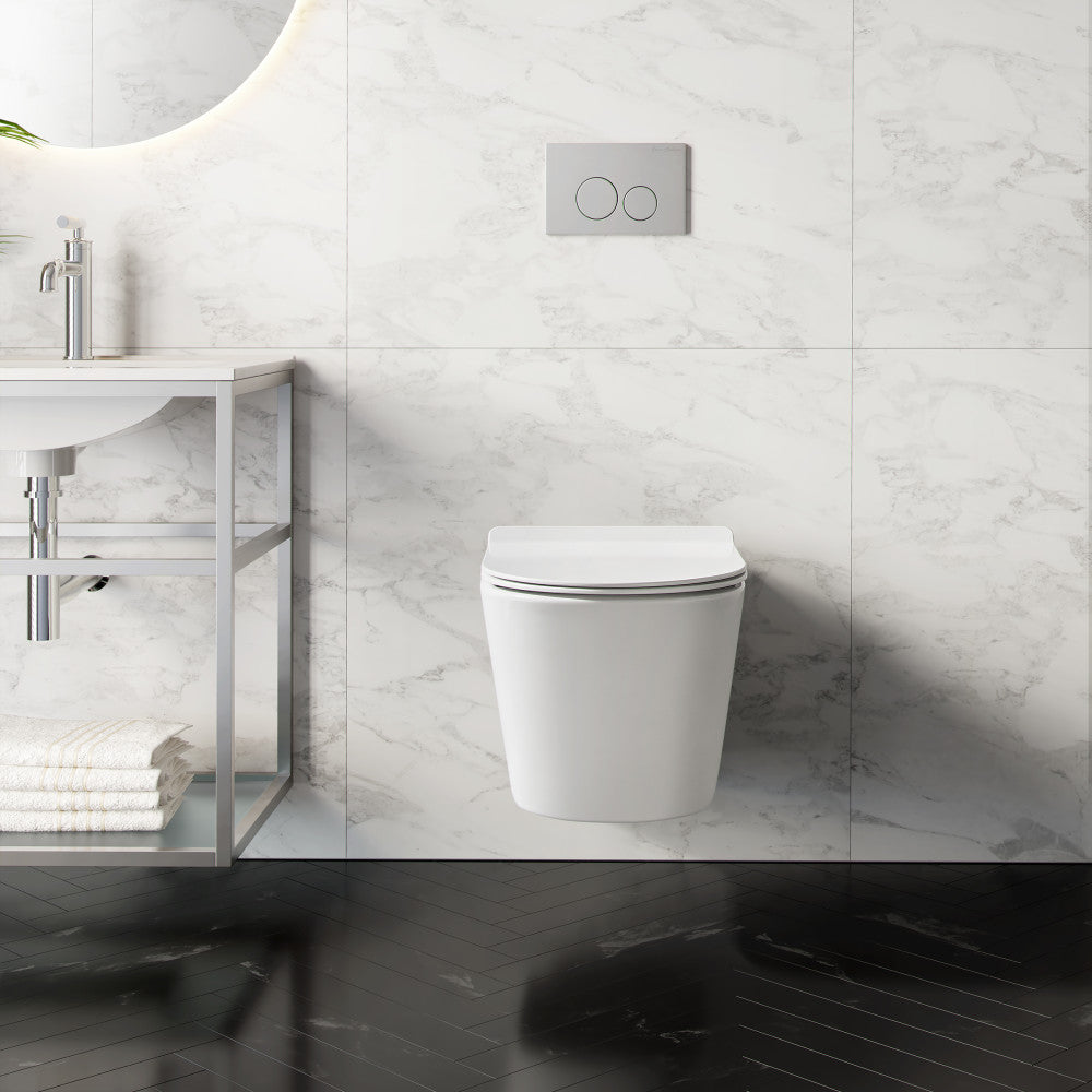 Elongated wall-hung toilet in glossy white with dual flush and rectangular flush plate.