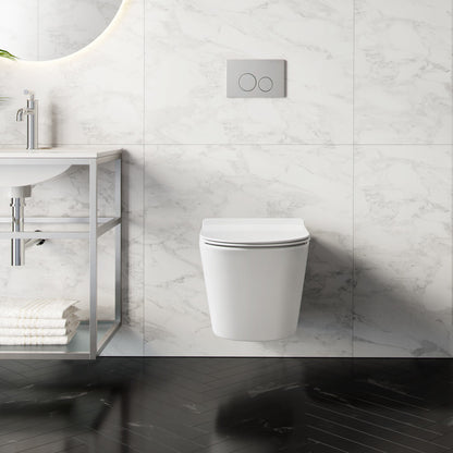 Elongated wall-hung toilet in glossy white with dual flush and rectangular flush plate.
