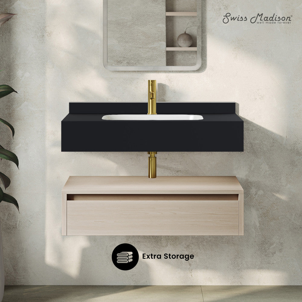 Avancer 36" Wall-Mounted Bathroom Vanity in White Oak with Black Marble Sink Top