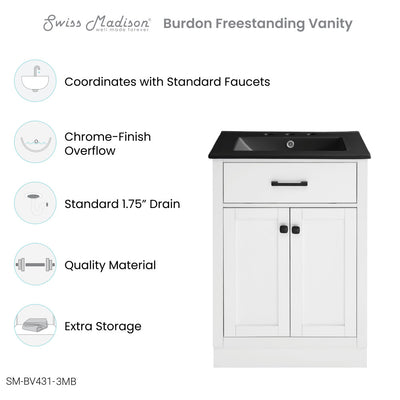 Burdon 24" Freestanding Bathroom Vanity in White with Black 3-Hole Centerset Sink Top