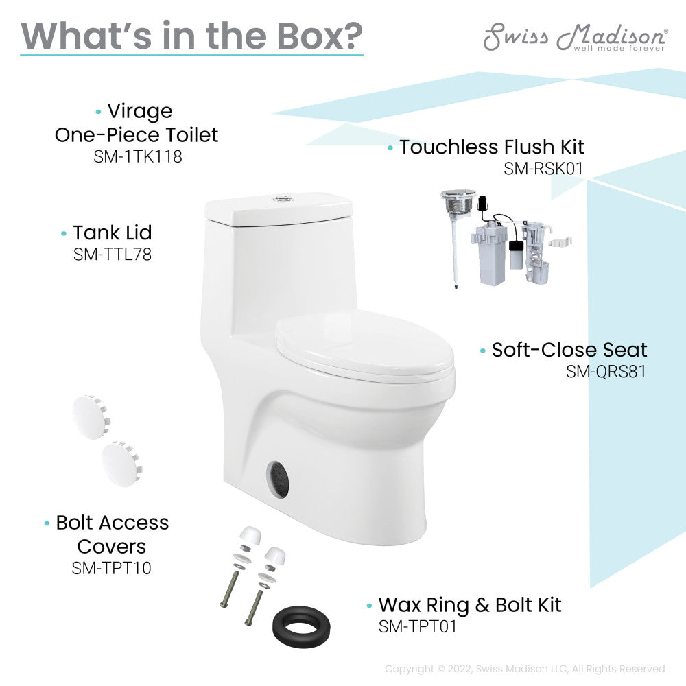 Elongated one-piece toilet with touchless retrofit dual flush and soft-close seat.