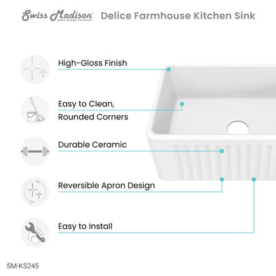 Delice 24 x 18 Ceramic, Farmhouse Kitchen Sink with Apron