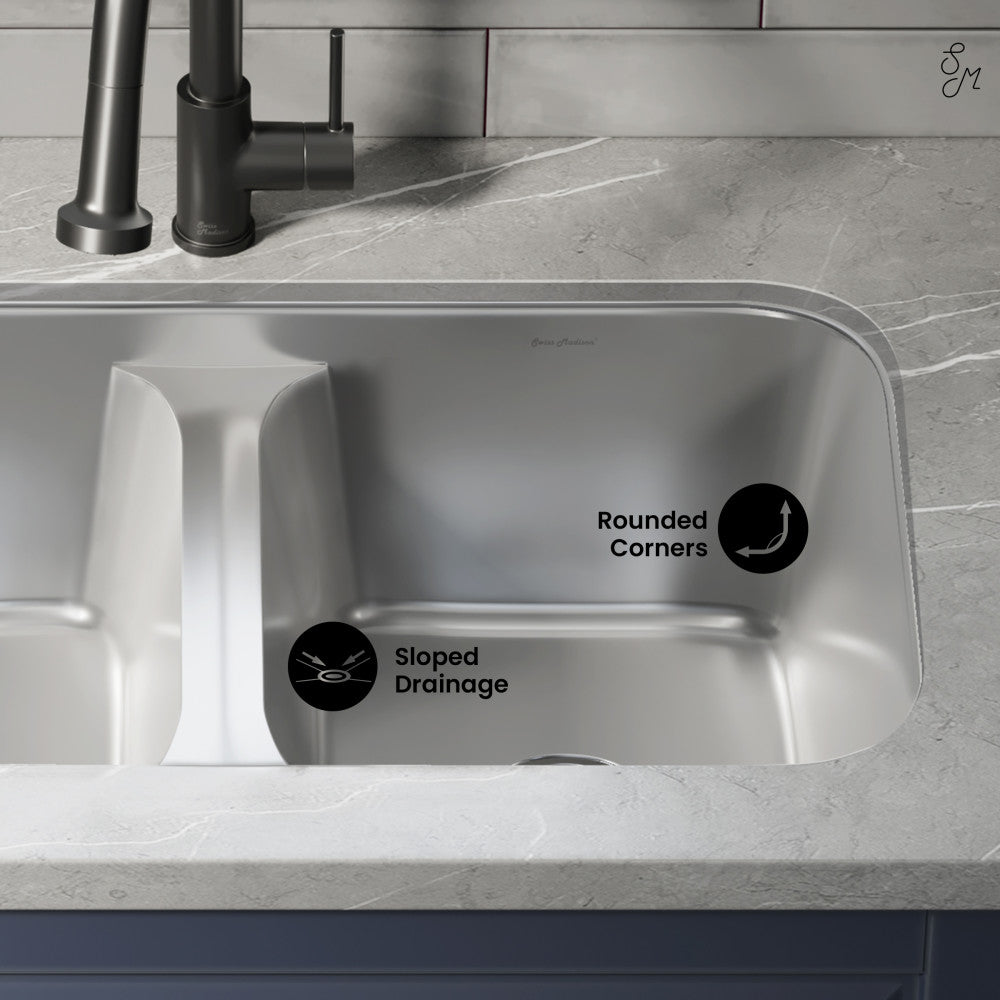 29 x 18 stainless steel undermount kitchen sink with dual basin, sloped drainage, and rounded corners.