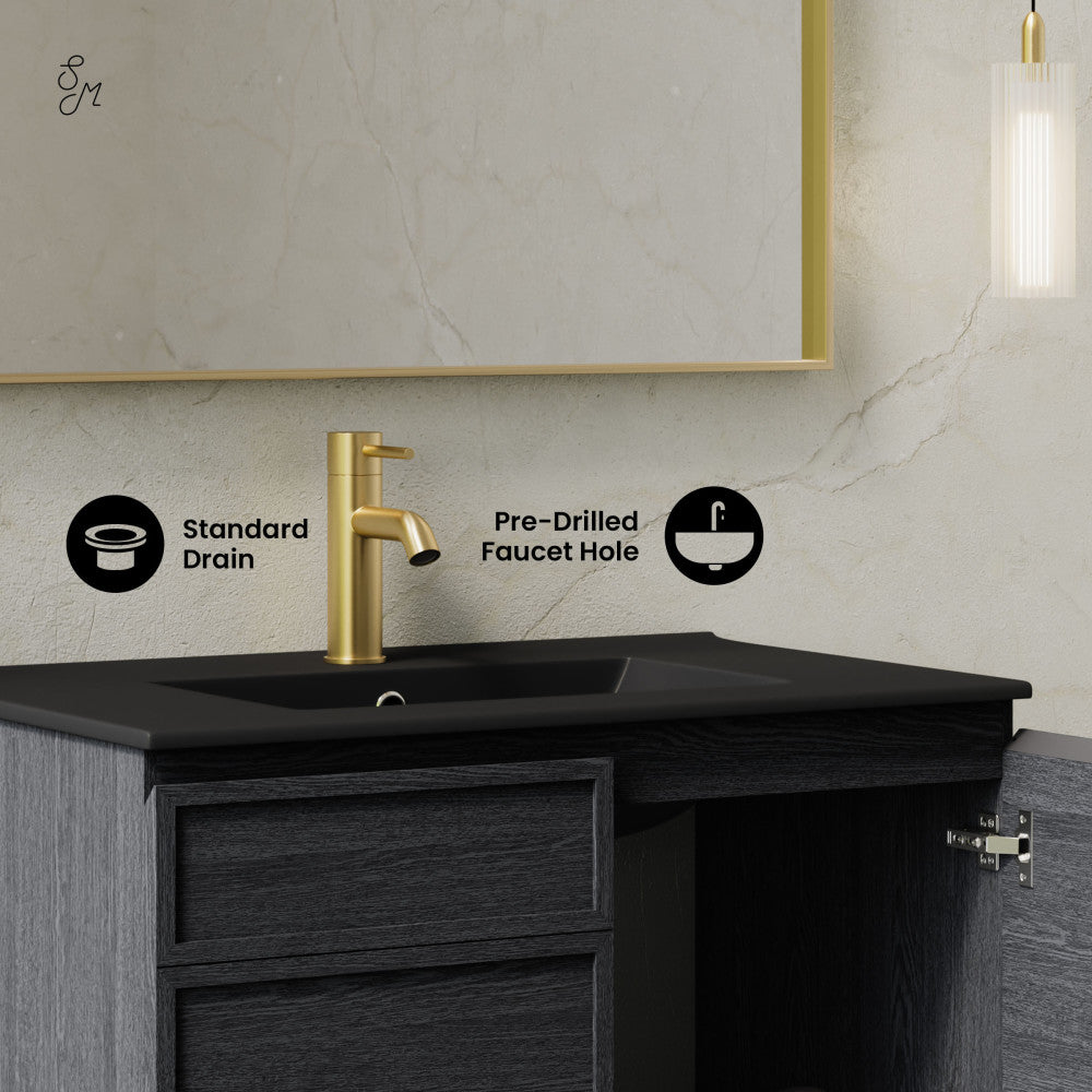 St. Tropez 30" Wall-Mounted Bathroom Vanity in Black Oak with Black Sink Top