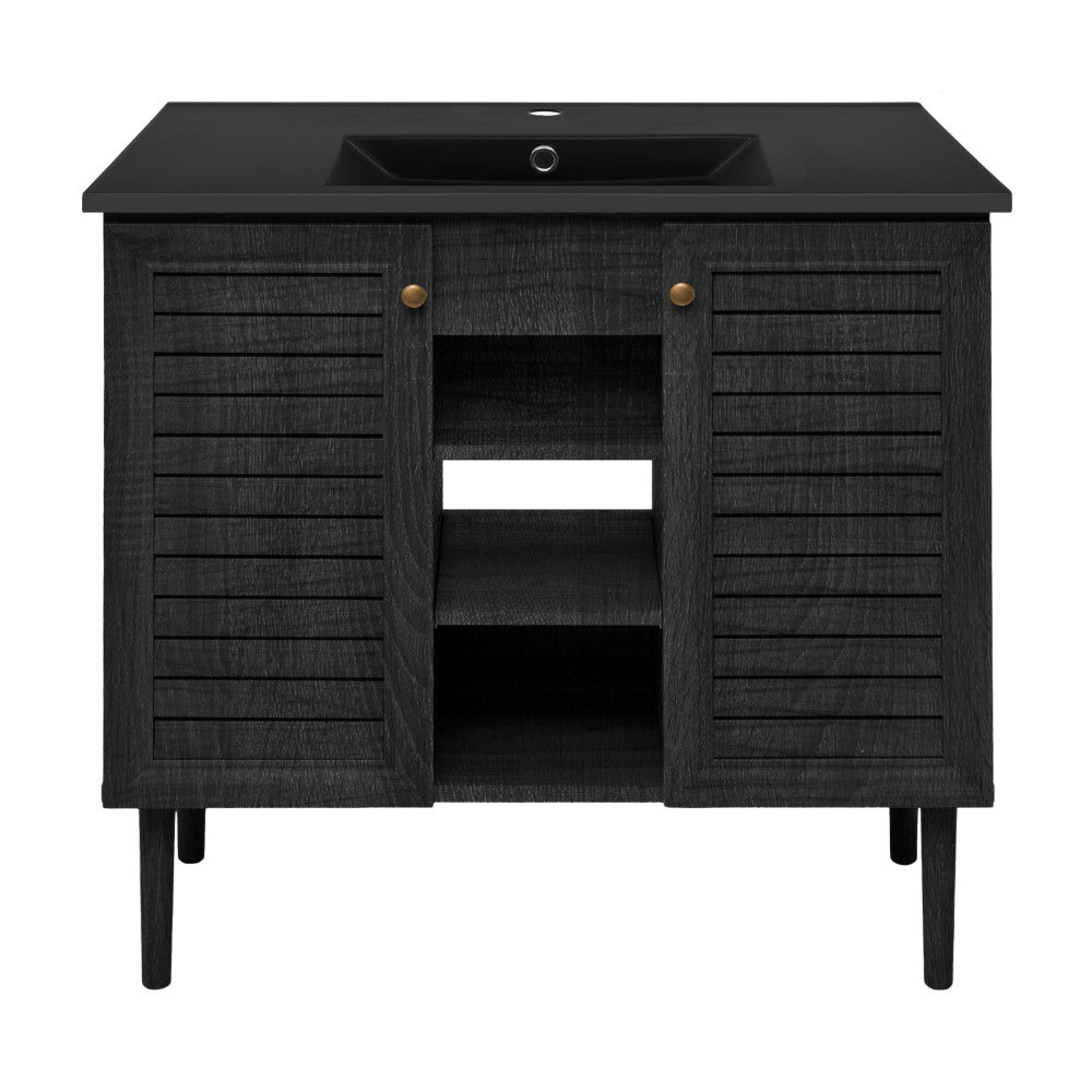Bron 36" Freestanding Bathroom Vanity in Black Oak with Black Sink Top