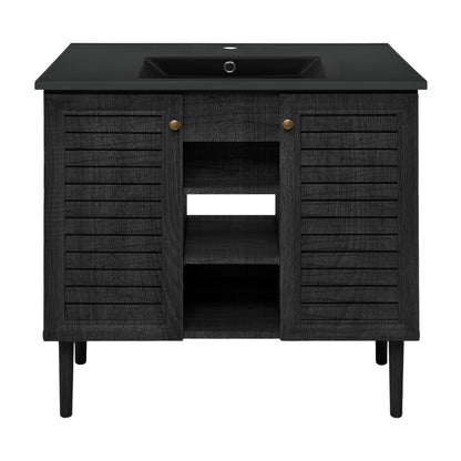 Bron 36" Freestanding Bathroom Vanity in Black Oak with Black Sink Top