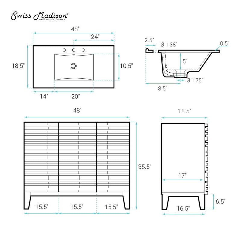 Cascade 48" Freestanding Bathroom Vanity in Green Oak with 3-Hole Widespread Sink Top