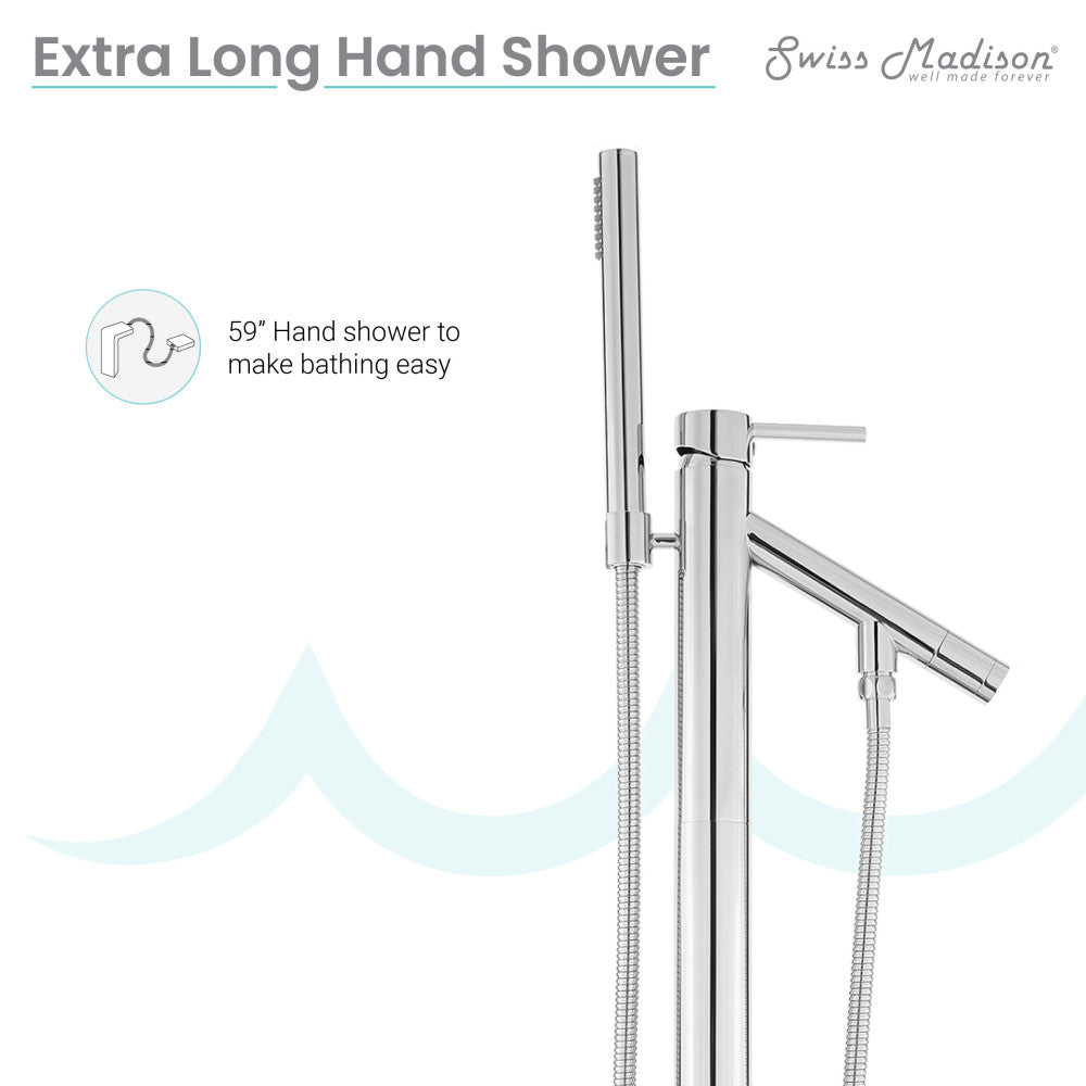 Freestanding bathtub faucet in chrome with single lever handle and handheld showerhead.