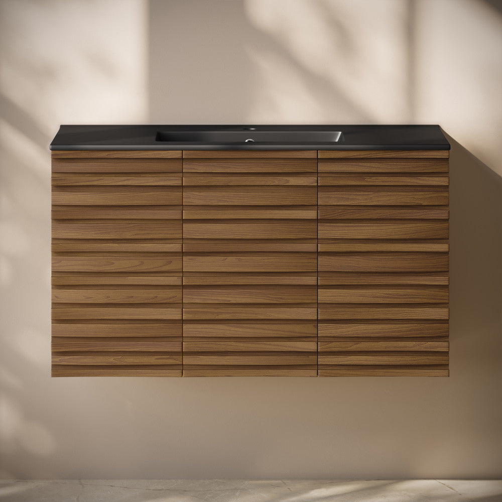 Cascade 36" Wall-Mounted Bathroom Vanity in Brown Oak with Black Sink Top