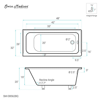 Voltaire 48" x 32" Right-Hand Drain Alcove Bathtub in Bisque