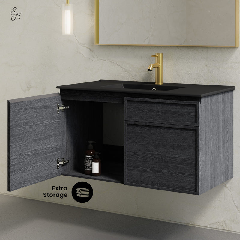 St. Tropez 36" Wall-Mounted Bathroom Vanity in Black Oak with Black Sink Top