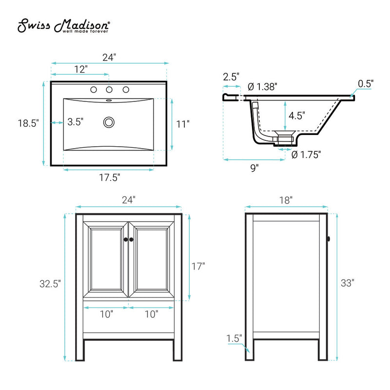 Château 24" Freestanding Bathroom Vanity in White Oak with 3-Hole Widespread Sink Top