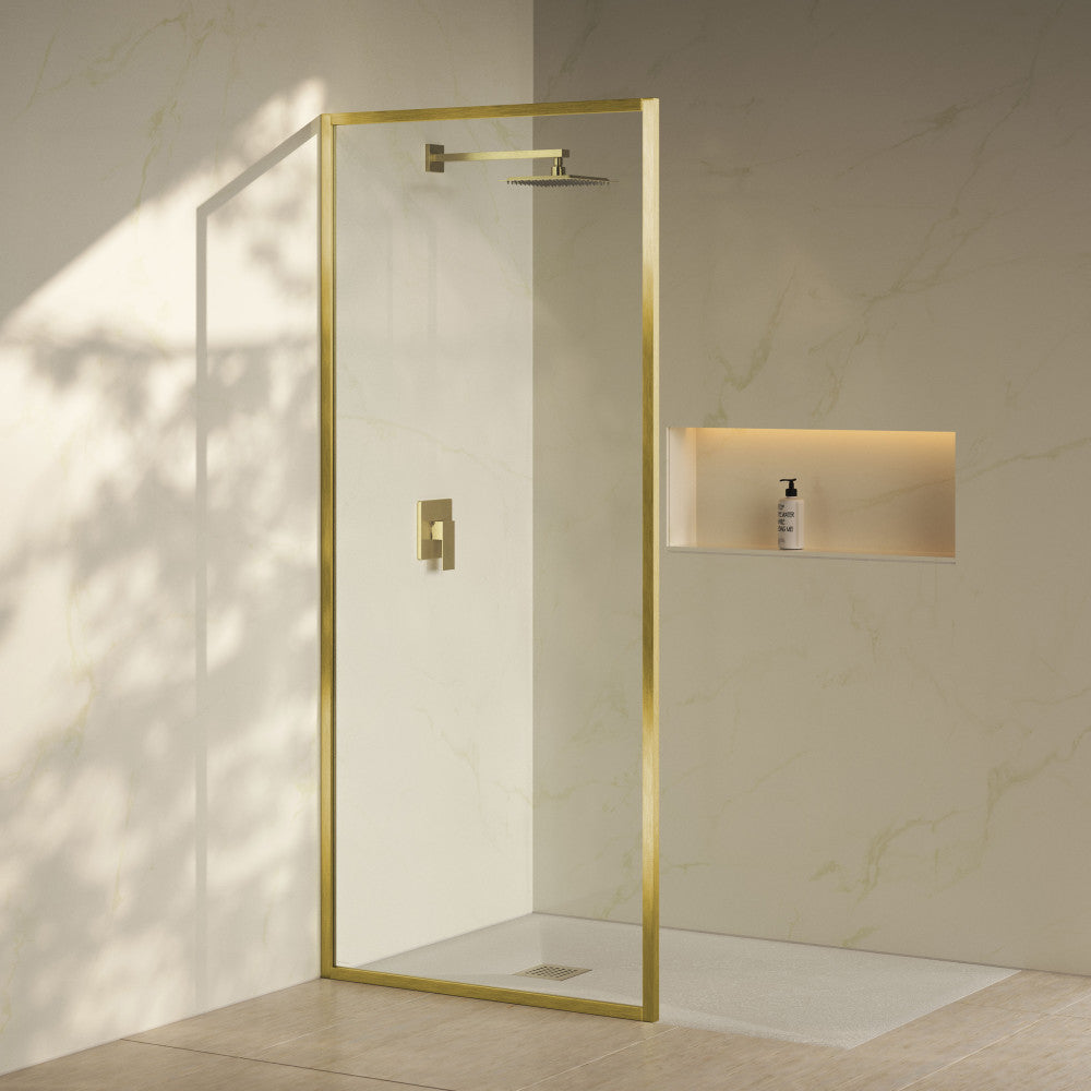 Pierre 34 x 76 Framed Fixed 3/8 in. (10mm) Clear Tempered Glass Shower Door with Brushed Gold Frame