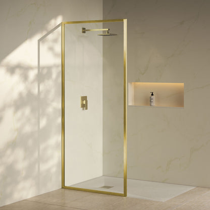 Pierre 34 x 76 Framed Fixed 3/8 in. (10mm) Clear Tempered Glass Shower Door with Brushed Gold Frame