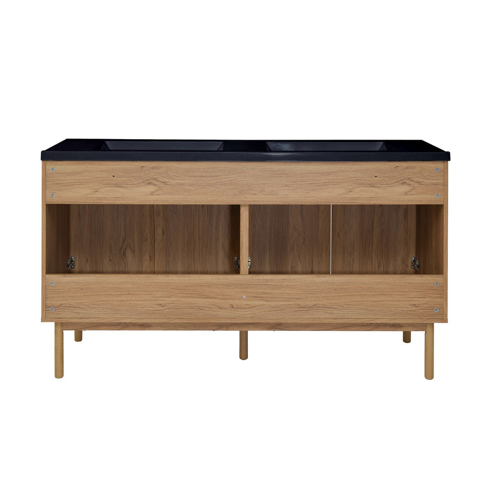 Classe 60" Freestanding Bathroom Vanity in Golden Oak with Black 3-Hole Widespread Double Basin Sink Top